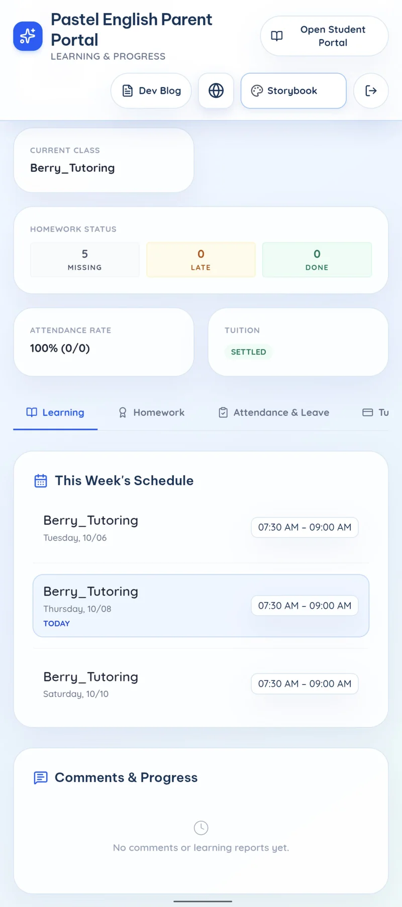 Parent portal on a phone with homework status, attendance, a weekly class schedule and a comments and progress area.